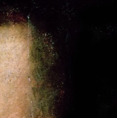 lado superior derecha del cuadro del autorretrato de Cervantes trozo izquierdo de la frente y del pelo