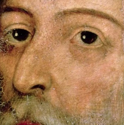 lado central centro del cuadro del autorretrato de Cervantes con ojos y bigote de Cervantes