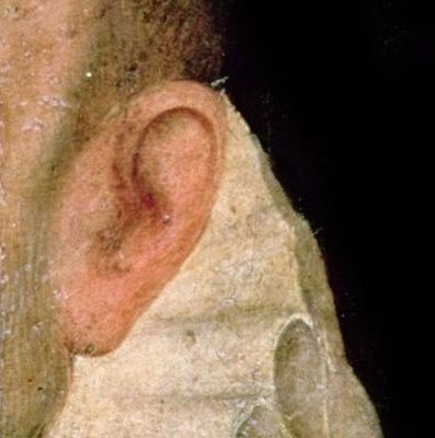 lado derecho central del del cuadro del autorretrato de Cervantes con la oreja derecha y parte del cuello de lechuguilla