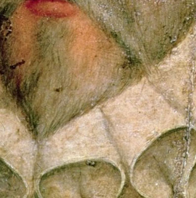 lado central bajo del cuadro del autorretrato de Cervantes con boca, barba y parte del cuello de lechuguilla