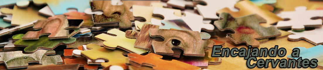 puzzle compuesto por piezas con trozos de la cara de Cervantes. Contiene el texto 'Encajando a Cervantes'