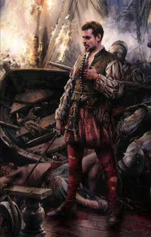 Cervantes joven con pelo corto y perilla negra vestido de soldado empuñando una espada y rodeado de enemigos abatidos